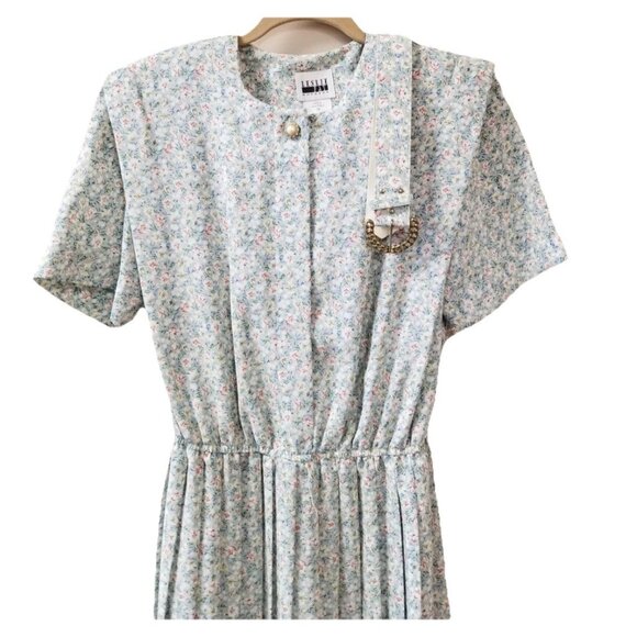 Leslie Fay Vtg Sage Green Pink Floral Cottagecore Belted Pleated Midi Dress 10 - Picture 6 of 8